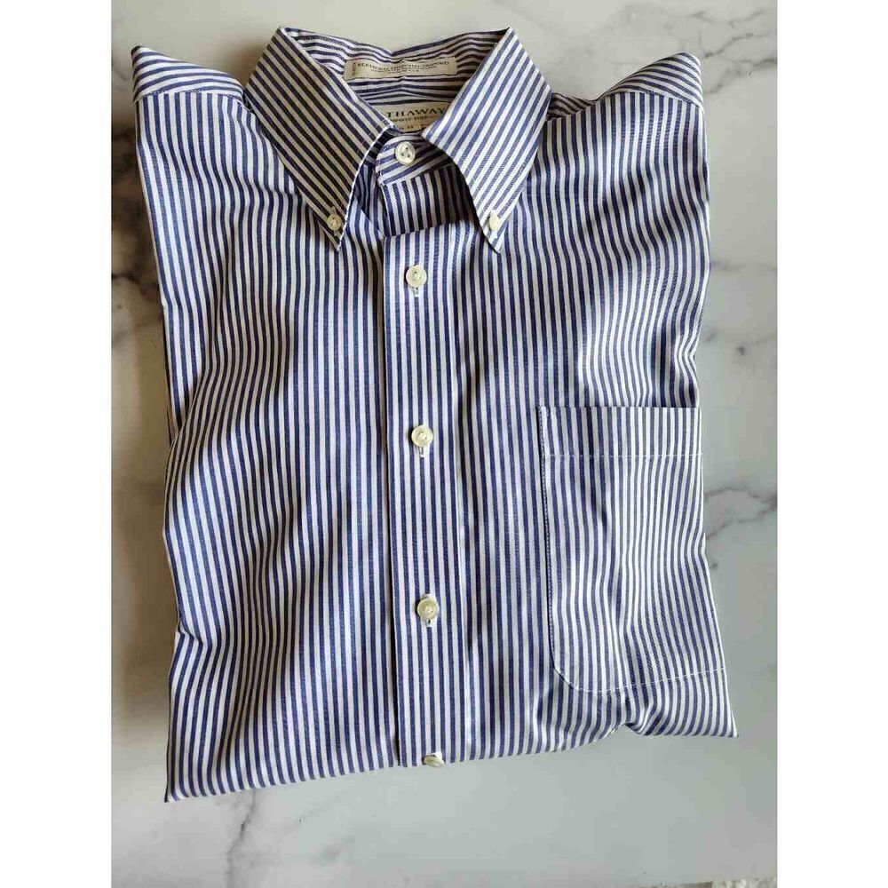 Hathaway 16-34 Men's blended pinpoint oxford USA made blue white striped button